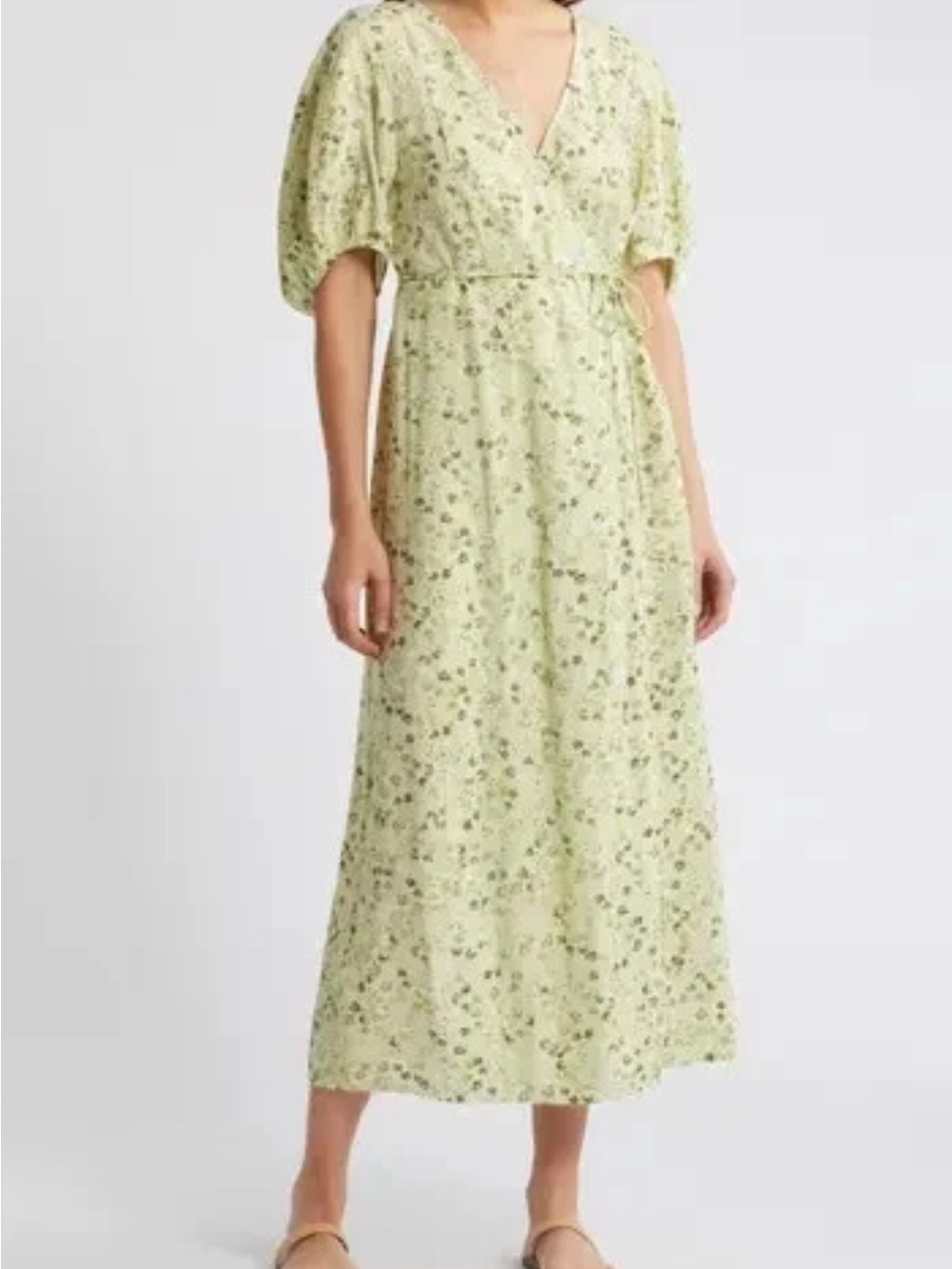 Madewell size 6 Puff Sleeve Wrap Front Midi Dress in Honeydew $138 NWT